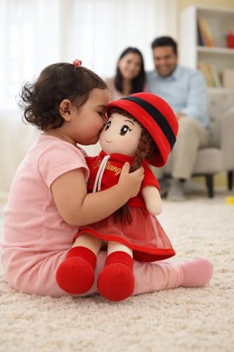 Image of Jiuliang Girl Soft Plush Doll 42 cm | Cute Red Dress Doll with Hat & Long Braided Hair | Embroidered Eyes & Smile | Stuffed Toy for Kids Girls