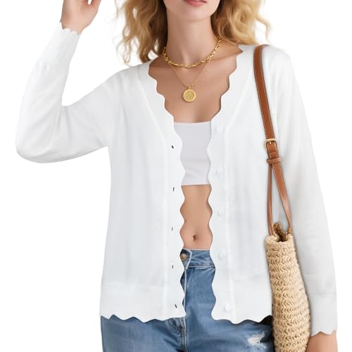 AOOSU Cárdigan de Mujer, Cardigan de Punto para Mujer con Botones, Cuello en V Chaqueta de Punto Ligero y Elegante el para Salir Salir de Fiesta IR de Compras Trabajar Blanco-XL