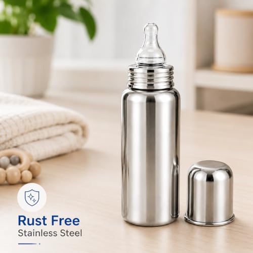 Image of Stainless Steel Baby Feeding Bottle Baby Feeder 250ml BPA Free No Plastic Contact Hygienic Safe Use Soft Silicone Nipple And Leak Resistant Infant Milk Bottle for Newborn & Babies (Silver, 250ml)
