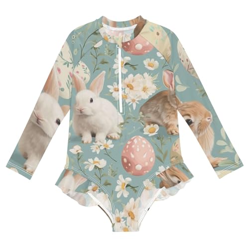 Girls One Piece Swimsuits Long Sleeve Swimsuit Zipper Bathing Suits Easter Bunny Cute Rabbit