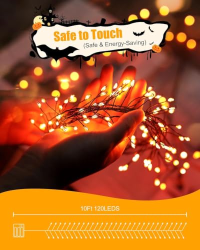 Image of Brightown Halloween Fairy Lights Battery Operated,10 Feet 120LED Firecracker String Lights Waterproof Silver Wire Firefly Light for Bedroom Home Haunted House Indoor Outdoor Holiday Decorations,Orange