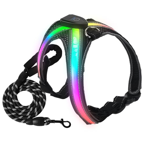 Pettorina Luminosa per Cani, Pettorina Cane, Imbracatura Luminoso per Cani Ricaricabile, Pettorin per cani con Luce, 7 colori, per Cuccioli di Taglia Piccola, Media e Grande