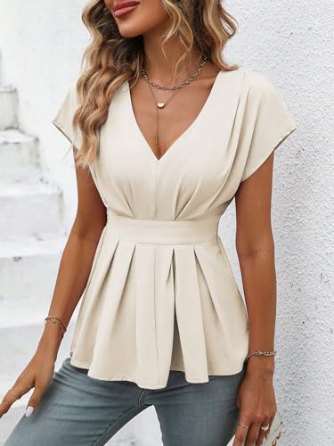 SweatyRocks Women's Summer V Neck Fold Pleated Ruffle Hem Blouse Peplum Top4
