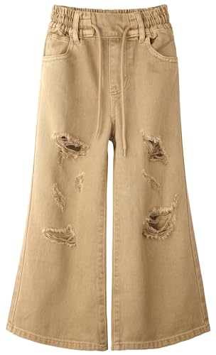 KIDSCOOL SPACE Girls Wide-Leg Colored Denim Jeans, 5-14T Loose Elastic Waist with String Ripped Flared Pants