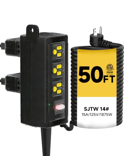 Image of Outdoor Power Strip, 6 Wide Outlets, 1875W /15A, 50FT 14AWG Heavy Duty SJTW Extension Cord with Surge Protector, All-Weather & IP66 Fully Waterproof, Ideal for Patio, Garden, Pool, RV, Black