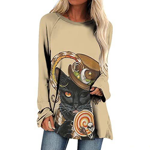 eilrgd Halloween Long Sleeve Tunic Tops to Wear with Leggings Womens Casual Crew Neck Sweatshirts Loose Fit Flowy Pullover Khaki