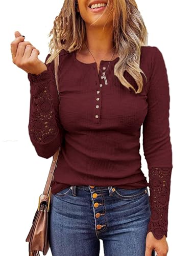 Image of Kancystore Women's Fall Long Sleeve Tops Lace V Neck Button Down Henley Shirts Tunic Blouses