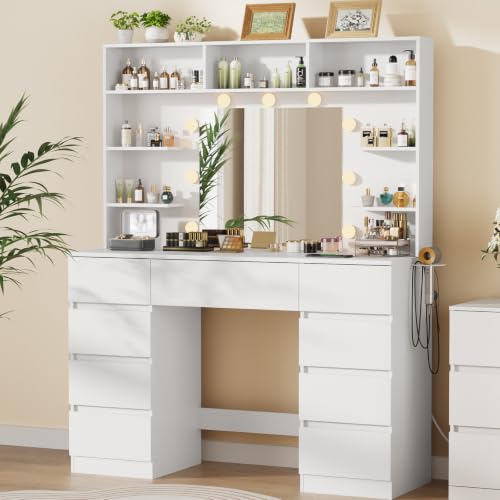 Image of Vanity Desk with Mirror and Lights,43 inch Makeup Vanity Table with 9 Drawers and 7 Storage Shelves, Power Outlet & Adjustable LED Lights, Dressing Table for Bedroom,White