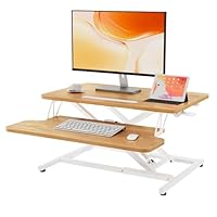 ERGOMAKER Steh-Sitz Schreibtischaufsatz Höhenverstellbar, Stehpult Aufsatz Schreibtisch 64 X 40CM Desktop Erhöhung mit Tastaturablage Helles Rustikalbraun