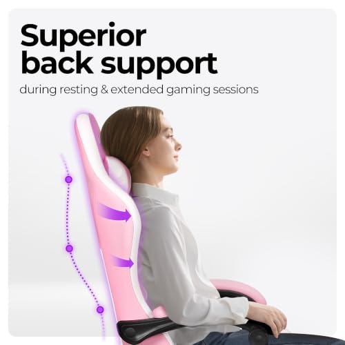Image of N-GEN GAMING Gaming Chair with Footrest, Lumbar, High-Back, Pink White | Reclining Backrest, Linkage Armrests, Durable PU Leather, Adjustable Comfort for Extended Computer, Desk, or Home Office Use