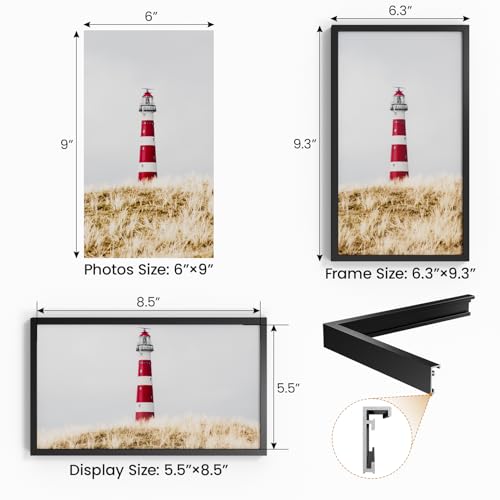 Image of 6x9 Aluminum Metal Picture Frame,Tempered Glass Black Photo Frame 6x9 for Family Photo,Posters,Art,Document to Wall Mount Horizontally or Vertically