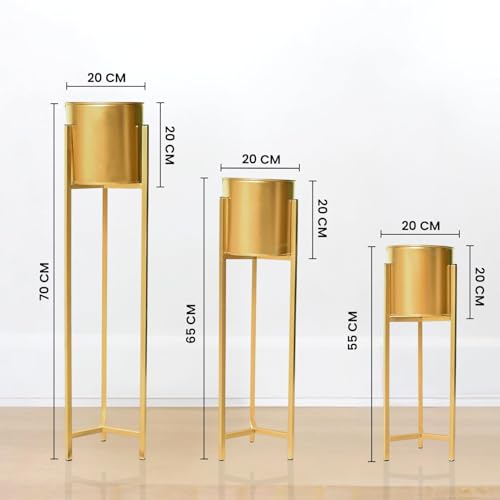 Image of NMT Metal Flower Plant Pots for Living Room, Bedroom | Tall Indoor Planters Pots Self Watering Rust-Free for Home Decor Living Room Set 3 || Golden
