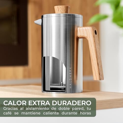 Miniatura 5 de Waldwerk French Press 1l - Cafetera Francesa De Acero Inoxidable De Doble Pared Con Mango De Madera De Roble - Cafeteras De Émbolo - Prensa Francesa Sin Plástico - Cafetera Manual