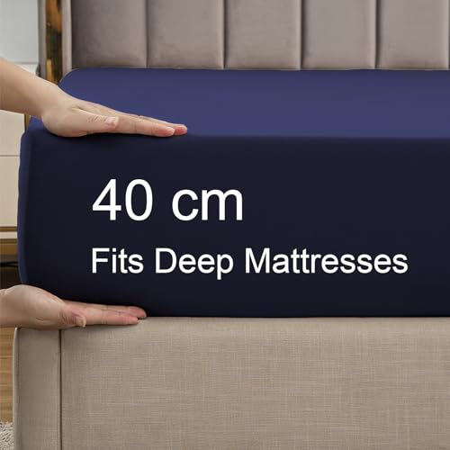 Soifox Double Fitted Sheet Navy Blue, Bed Sheets with Extra Deep Pocket 16 inch (40 cm) - Image 3