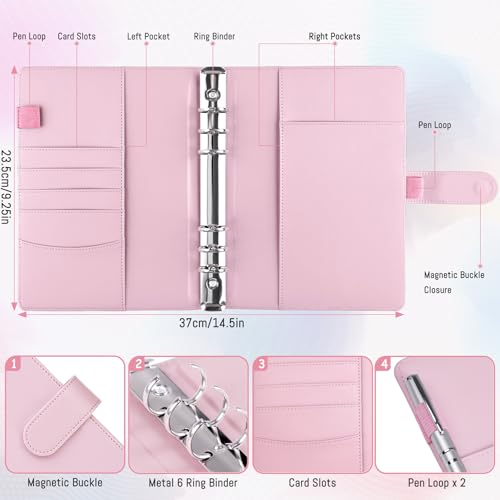 Image of Antner A5 Binder 6 Ring Refillable Notebook Planner Cover for A5 Planner Inserts & Refill Paper, PU Leather Loose Leaf Budget Binder Personal Organizer Kpop Photocard Holder with Magnetic Buckle, Pink