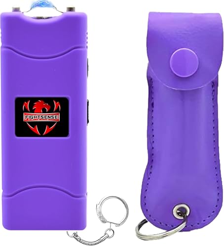 FIGHTSENSE Mini Stun Gun Keychain & Pepper Spray Combo Pack for Self Defense Kit - Extremely Powerful Stun Gun Flashlight for Women (Violet)