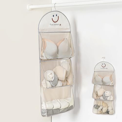 Swioled 下着収納 ウォールポケット 下着 収納 クローゼット 吊り下げ収納 大容量 靴下 ネクタイ 衣類 階層式収納バッグ 水洗い可能 ウォールポケット 壁掛け 回転可能フック付き 折りたたみ 省スペース 3段 笑顔柄 グレー