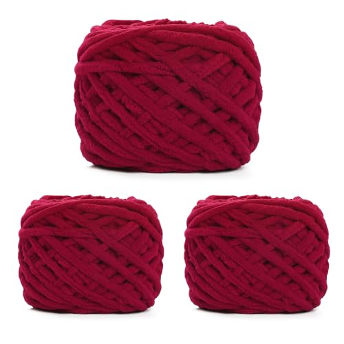Image of Plush Chenille Chunky Yarn for Crocheting 100g(54.6yd) - Bulky Thick Fluffy Yarn for Knitting- Soft Velvet for Baby, Blanket Knitting Blanket Yarns- Amigurumi Yarns (3- Jujube Red)