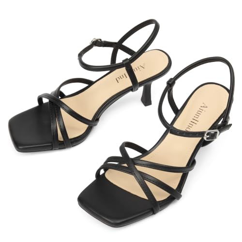 Image of AIUNIIND Kitten Heels for Women, Strappy Square Open Toe Sandals 2.5 inch