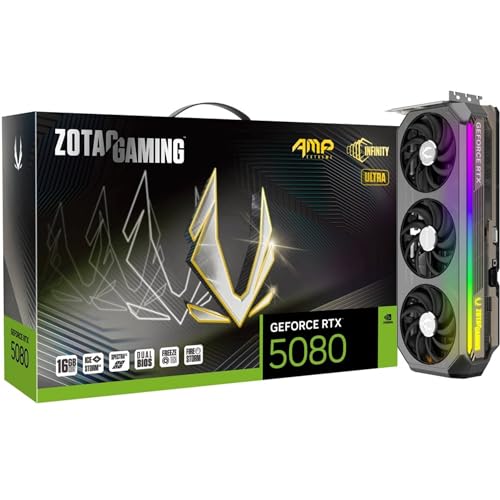 Image of ZOTAC Gaming GeForce RTX 5080 AMP Extreme Infinity Ultra Graphics Card - Black | 16GB | DLSS 4 | GDDR7 | 256 bit | Triple Fan | Tri-Zone Spectra 2.0 ARGB | IceStorm 3.0 Advanced Cooling