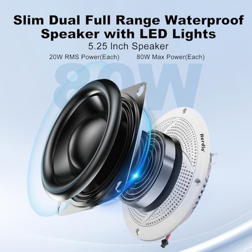 Image of Herdio 5.25 inch Bluetooth Marine Speakers, Low Profile Slim Design with LED Lights, 160W 2-Way Weather Resistant Outdoor Audio, Suitable for Boat, RV, UTV, ATV, Golf Cart (2-Pack, White)
