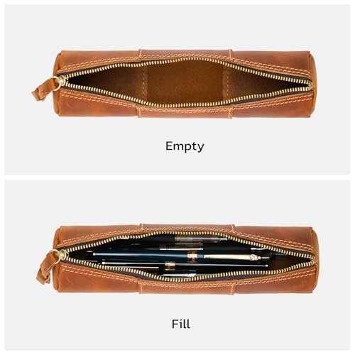 Image of ECHSRT Genuine Leather Pencil Pouch for Adults, Slim Cylinder Case, Brown | Full-Grain Cowhide Leather, Crazy Horse Finish, Slim Cylinder Design, Single Zipper, Vintage Pen Organizer for Adults
