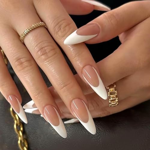 Extra Long Almond Press on Nails White French Tip Fake Nails Glos...