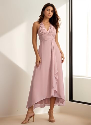 Women's Halter V-Neck Bridesmaid Dresses with Ruffled Edge A Line Ruched Chiffon Formal Evening Gowns Sleeveless2