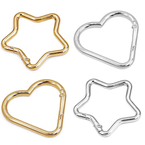 Keychain Rings Heart Star Carabiner - 4pcs Gold & Silver Keyrings Clips Bulk for Crafts Bag Charms
