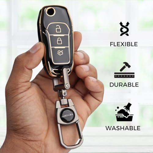 Image of KEYCEPT Gold Line TPU Key Cover Compatible for Ford Figo | Aspire | Endeavour | 3 Button Flip Key with Keychain. (Type 2, Black)