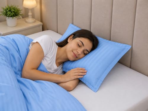 Image of Cotton Solid Striped Pillow Covers | Ultrasoft Breathable Envelope Closure| Pack of 2 Pillow Covers Standard Size (27 x 17 Inches) (Blue)