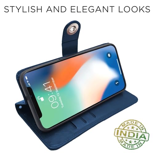 Image of Pikkme Flip Cover Leather Finish | Inside TPU with Card Pockets | Wallet Stand and Shock Proof | Complete Protection Button Flip Case iPhone X /Xs (Blue)
