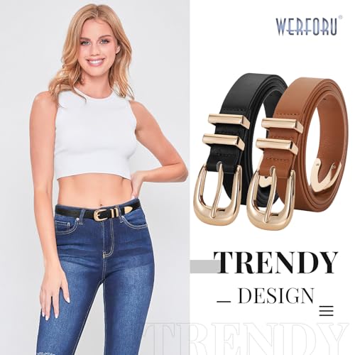 WERFORU 2 Pack Women Leather Belt Fashion Leather Waist Belt for Pants Jean Ladies Western Belt with Gold/Silver Buckle,Fit Waist Size 37-41 Inches,A-black+brown2