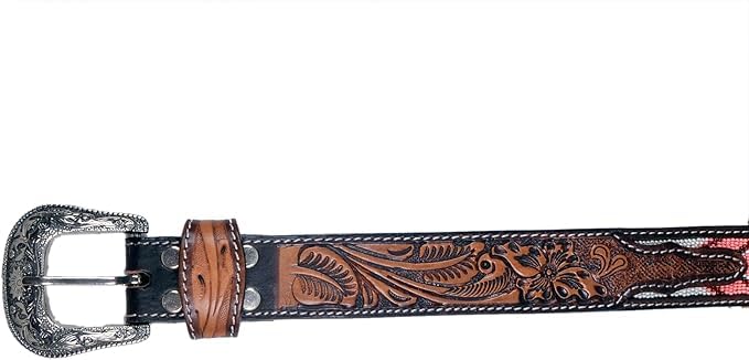 Handmade Beaded Western Men's Leather Belt Quality Thick Durable Wax Colorful Designs Cowboy Style Alloy Classic Fitted Casual Formal Wear in Pant Trouser Jeans Size: W-34-37/L-43in3
