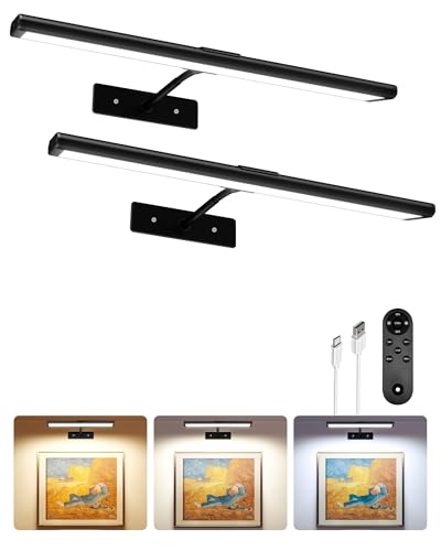 EZVALO Picture Lights for wall, Rechargeable Picture Light with Remote, Dimmable & 3 Color Temps, 180° Adjustable Magnetic Wall Lights for Dartboard Frame Gallery (2 Pack, Black)