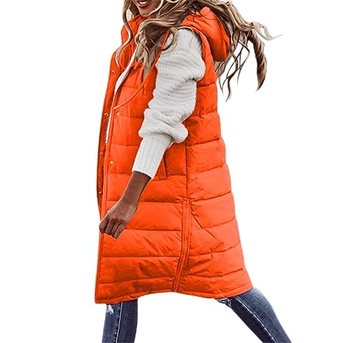 hlysgo Plus Size Womens Quilted Puffer Vest Sleeveless Hooded Winter Warm Jacket Side Zipper Hem Long Padded Outerwear