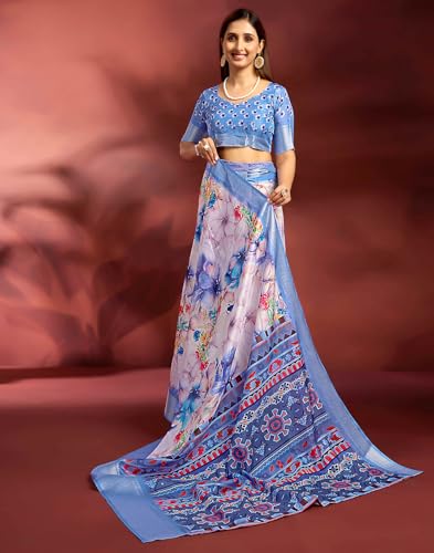 Image of SIRIL Women's Dola Silk Printed Jacquard Border Ready To Wear Saree with Unstitched Blouse Piece