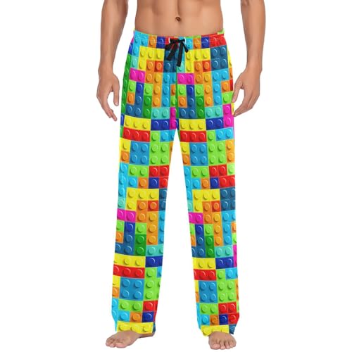 Colorful Toy Building Blocks Pattern Men's Pajama Pants Soft Lounge Lightweight with Drawstring and Pockets