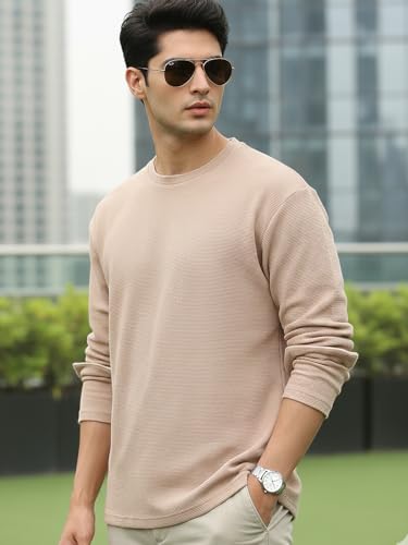 Image of Urbano Fashion Men's Textured Round Neck Oversized Full Sleeve Cotton T-Shirt