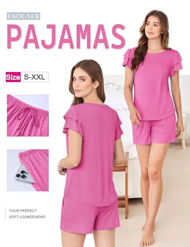 Image of Ekouaer Womens Pajama Sets 2 Piece Ruffle Sleeves Top and Shorts Pjs | Soft Sleepwear Cute Loungewear Set with Pockets for Sleep, Lounge, Wedding, Party, Bridal