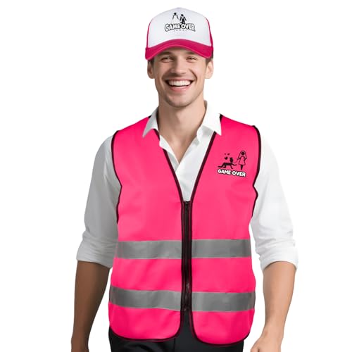BOOMTOP Stag Do Party Accessories for Men - Game Over Stag Vest High Visibility + Adjustable Hat Funny Stag Night Bachelor Party Wedding Supplies Groom to be Funny Gifts (Pink)