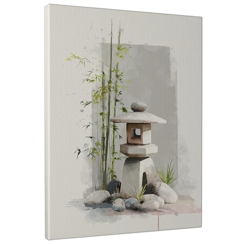 Zen Garden Stone Lantern Wall Art, Green Beige Bamboo Canvas Prints, Spring Nature Aesthetic Decor for Living Room, Bedroom, Office, Meditation Space 8x10 Inch
