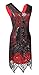 Women 1920s Short Prom Dresses V Neck Sequins Cocktail Flapper Plus Dress 20s Accessories Set, Black Red, X-Large