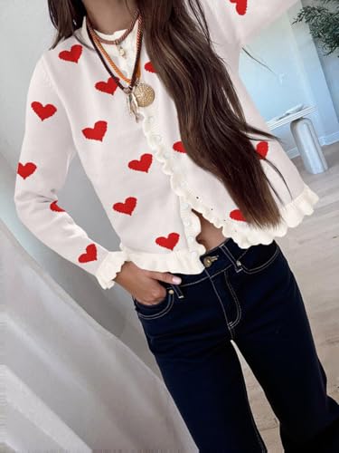 Image of Saodimallsu Womens Ruffle Cardigan Sweaters Button Up Crew Neck Long Sleeve Cropped Sweater Cute Soft Knit Tops