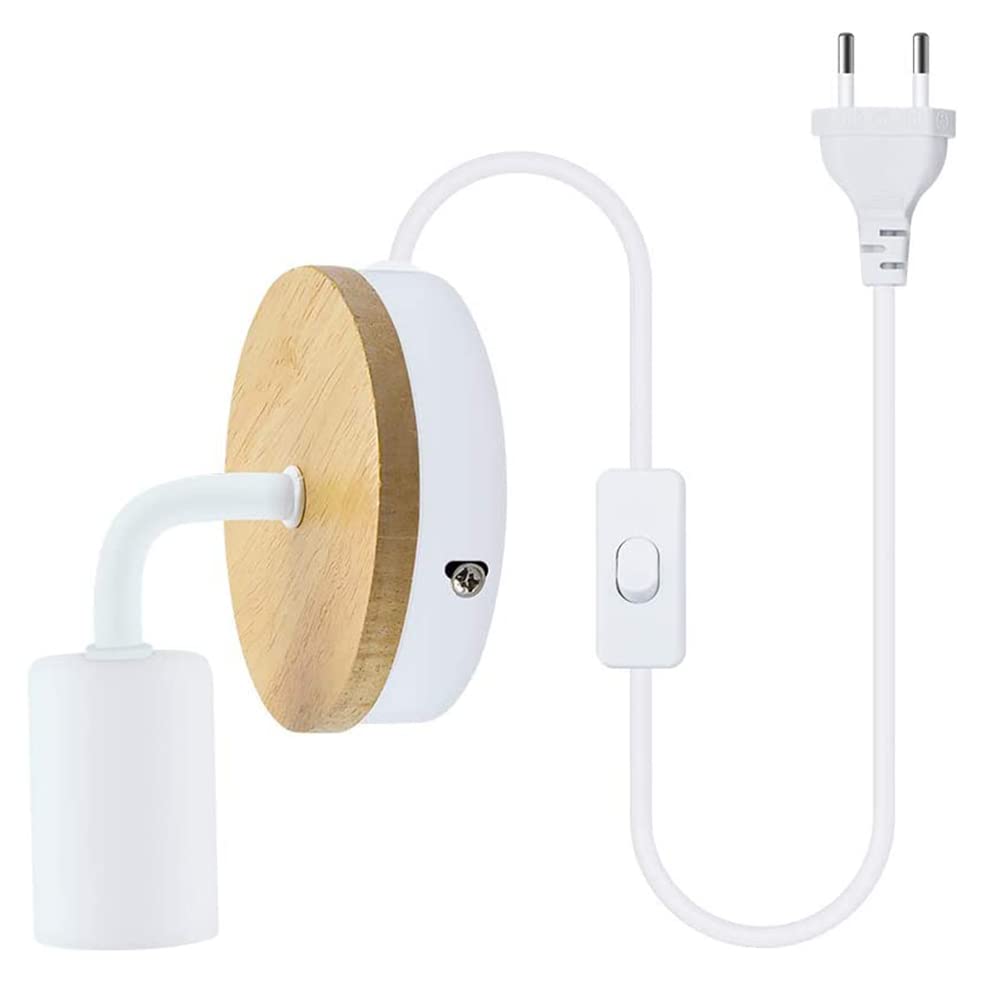 Mengjay Lámpara de pared E27 con interruptor, lámpara retro, metal y madera, 220V, casquillo E27, bombilla enchufe europeo, cable 1,8 m para dormitorio, bar, restaurante, cafetería, etc. (Blanco)