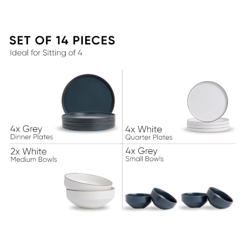 Image of Shay Modern Ceramic Dinner Set, 14 Pcs, Grey White | Crockery Set for Gifting & Dining| Premium Ceramic Dinner Set | Matte Finish (Japandi Dinner Set - Grey White, 14 Piece)