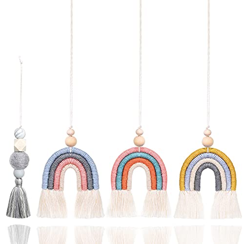Cute Macrame Car Air Hanging Essential Oil Diffuser Freshener Small Boho Rainbow Decor Felt Ball Tassel Handmade Wooden Beads Car Charms Mirror Accessories for Car Interior(Packs of 4)
