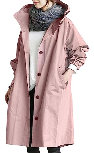 CHARTOU Women Casual Oversized Button Down Long Hooded Trench Coat Jacket Duster Lightweight Windbreaker