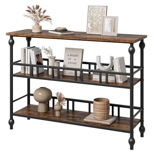 GarveeHome Mesa Consola Estrecha 43', 3 Niveles con estantes, Mesa Auxiliar para Entrada, detrás del sofá o Pasillo, Estilo rústico con Almacenamiento, salón Consola recibidor Table Entrada clásico