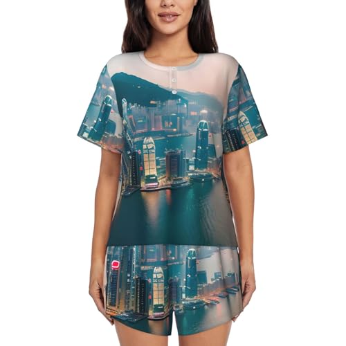 Pyjama deux pièces pour femme avec short et col rond en maille douce